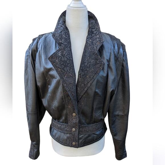 G III Jackets & Blazers - Vintage G III black leather paisley late 80's 90's fitted jacket coat sz medium